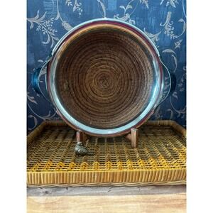 Vintage Wicker Bread Bowl with Chrome Handles, Rattan Serving‎ Tray